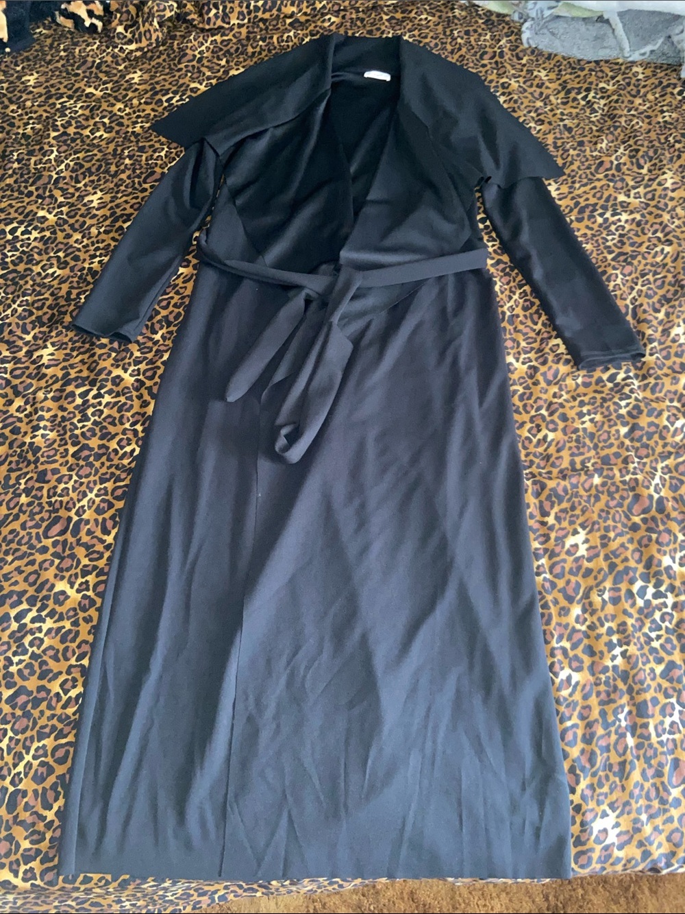 Women's Black Long Trench Coat with Self-Tie Belt
